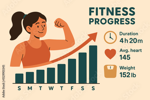 Hispanic female fitness progress chart with grow graph and health metrics