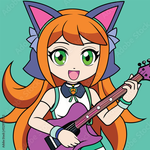 Anime Style Girl Playing Guitar – Cute Female Musician with Electric or Acoustic Guitar in Japanese Manga Style – Kawaii Character Art for Music, Pop Culture, or Otaku Themes


