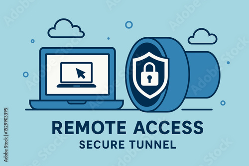 Remote access secure tunnel with laptop and shield icon