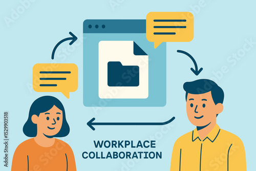 Male and female adults collaborating on digital document and communication