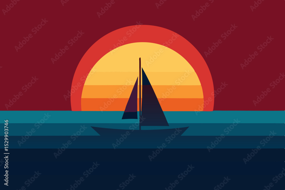 Naklejka premium Sailboat at sunset minimalist ocean scene