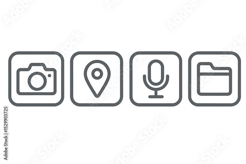 Camera, location, microphone, folder icons on yellow background