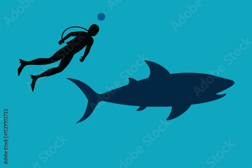 Diver and great shark silhouette underwater