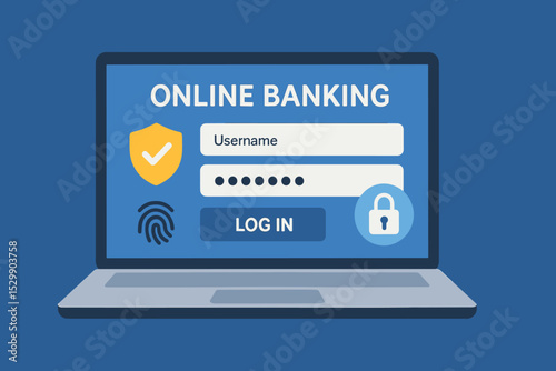 Secure online banking interface with login and security features displayed on laptop