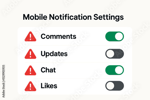 Mobile notification settings with alerts for comments and chat