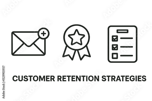 Customer retention strategies: email, rewards, surveys icons on green background