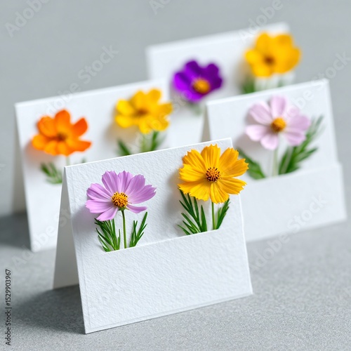 White Cards Decorated with Pressed Cosmos Flowers
