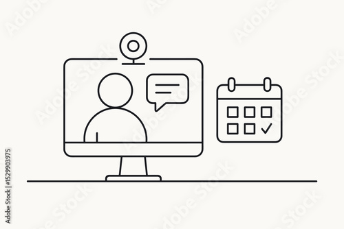 Virtual meeting planning icon with webcam and calendar outline