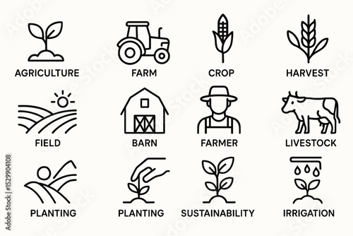 Agriculture icons: farm, crop, harvest, sustainability, irrigation