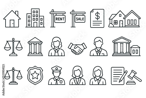 Real estate and legal icons: houses, contracts, and professionals