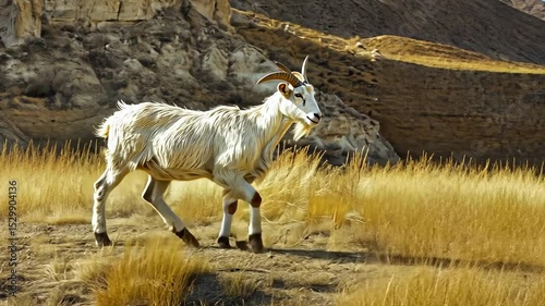 Wallpaper Mural White goat running in a dry, mountainous landscape Torontodigital.ca