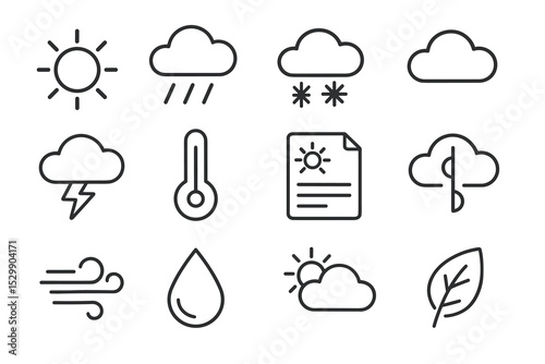 Weather icon set: sun, rain, snow, cloud, lightning, wind, leaf, thermometer
