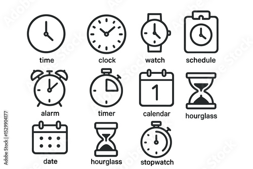 Timekeeping icons set: clocks, watches, alarms, hourglass, calendar, stopwatch, timer