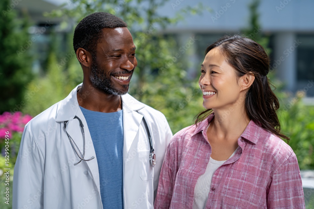 Doctor and Patient Enjoying a Warm Moment in a Garden Setting Doctor and Patient Enjoying a Warm Moment in a Garden Setting