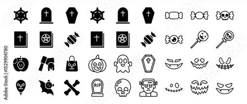 Halloween Icon Set: Spooky and Fun Black Glyph Illustrations
