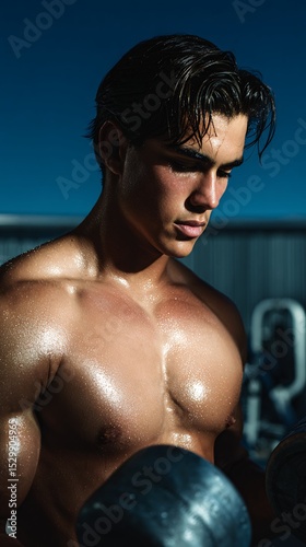 Young Man Intently Exercising with Weights in Outdoor Gym Setting at Sunset