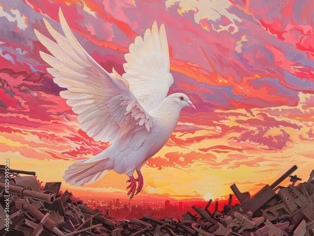 Obraz premium A white dove soaring above a battlefield with remnants of weapons below, vibrant sunset sky with hues of pink and orange, symbolizing peace, detailed feathers in sharp focus
