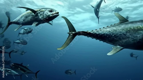 School of silver fish swim together underwater facing towards the viewer with ocean