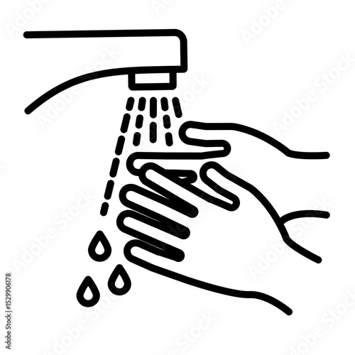 Modern faucet icon with clean running water; washing & rinsing hands. Line illustration with adjustable stroke weight.