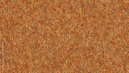 The ground is covered in small, brown wood chips, giving a natural touch to the outdoor area. Sunlight filters through surrounding trees, enhancing the rustic feel
