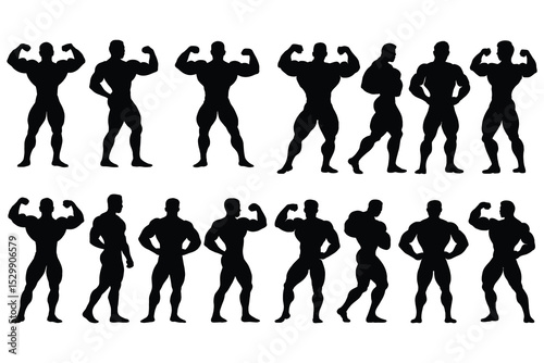 Bodybuilder Silhouette Poses – Muscle Man Fitness Vector Icons Set