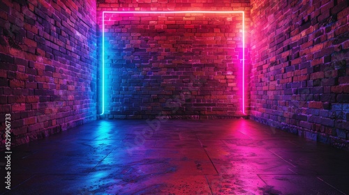 A vibrant brick room illuminated by striking neon lights in pink and blue, creating a dynamic and modern atmosphere that resonates with contemporary urban culture and creativity. photo