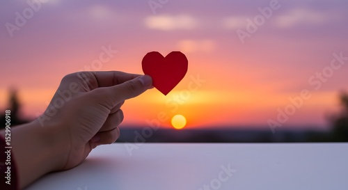 Hand Holding Red Heart Against Sunset Sky Represents Love, Affection, Romance and Relationships during Golden Hour for Valentine's Day