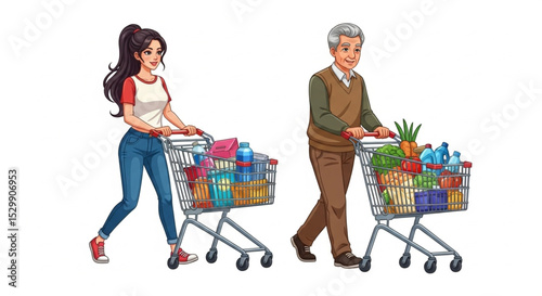 Cartoon Young Woman and Senior Man Shopping with Cart Vector Illustration Set