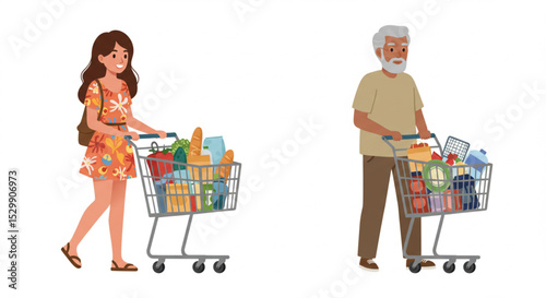 Cartoon Young Woman and Senior Man Shopping with Cart Vector Illustration Set