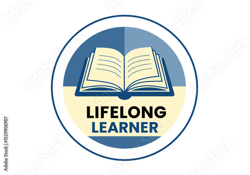 Lifelong learner badge with open book isolated on white background, symbolizing education and knowledge