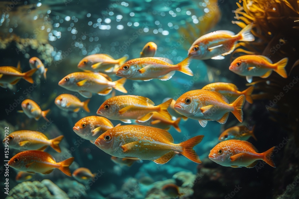 Naklejka premium A stunning underwater scene featuring a school of vibrant orange fish swimming gracefully among corals, illuminating the beauty of marine life in clear ocean water.