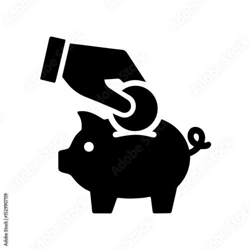 Icon Representation of Hand Inserting a Coin into a Piggy Bank for Savings Management