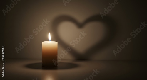 Burning Candle Casting a Heart Shaped Shadow Symbolizing Love Romance and Affection on a Beige Background Concept of Celebration and Remembrance