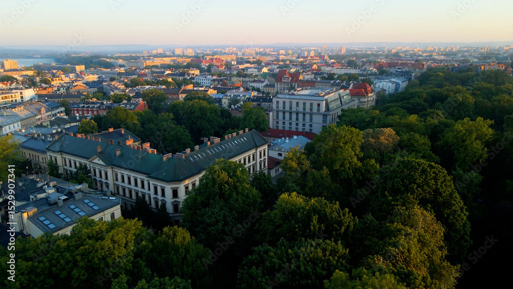 Obraz premium Drone view of European city tourism old town Krakow Poland