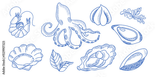 An intricate linocut showcases a collection of seafood, featuring shrimp, an octopus, clams, and oysters. The artwork highlights the natural form and textures of each marine life form.