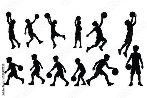 Basketball Player Silhouettes – Boys Playing Sports Vector Clipart Set