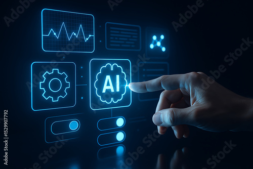 Holographic Interface Interaction with Human Hand Activating AI Artificial Intelligence Display for Digital Technology and Future Automation Solutions