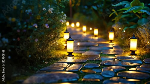 Wallpaper Mural Garden path at night lit by warm lamps Torontodigital.ca