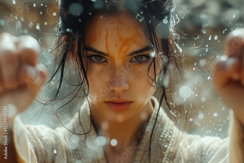 A fierce warrior's gaze shines through vivid splashes of color, encapsulating strength and beauty amidst an enchanting backdrop filled with dynamic water droplets. photo