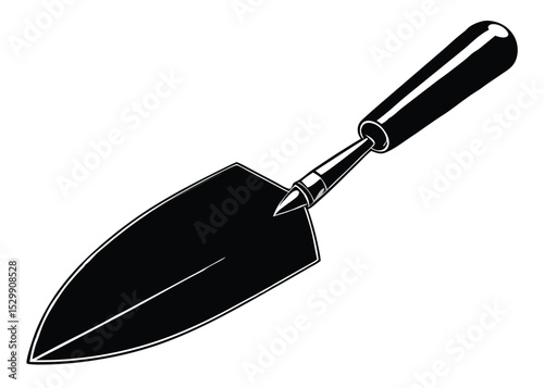A black silhouette illustration of a trowel with a pointed blade and a handle, commonly used for gardening or masonry.