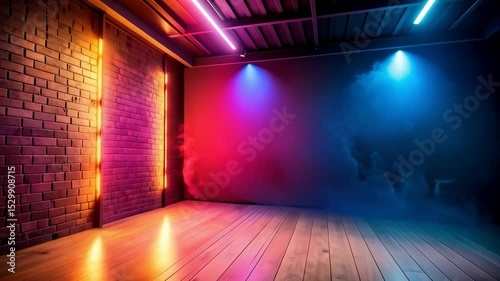 Vaporous room interior featuring a wooden floor, brick walls, glowing linear lights, and colorful smoke patterns illuminated by spotlights
