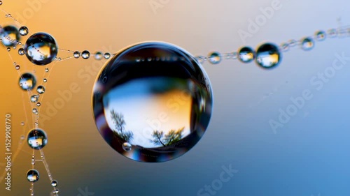 Water droplets cling to a delicate spiderweb against a gradient orange blue background