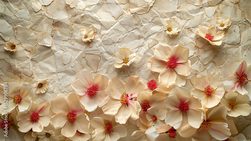 Handmade paper texture with embedded flower petals and fiber strands.