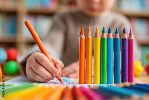 A child's hand drawing with a vibrant orange colored pencil among a colorful set, promoting creativity and education with a focus on artistic expression.
