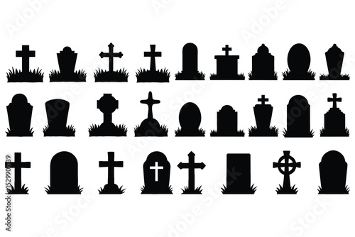 Gravestone Silhouettes Vector Set – Tombstone, Cross & Headstone Icons
