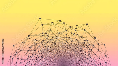 Abstract network of lines and dots on a gradient background from yellow to pink and purple tone