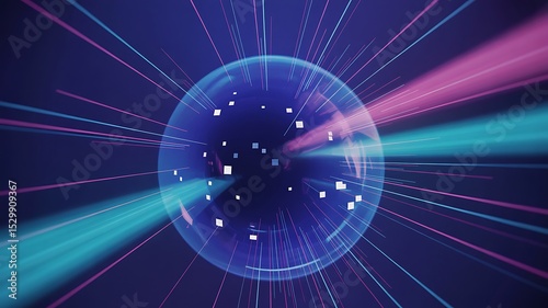 Abstract rendering of a sphere with radiating lines and floating squares on a dark blue background