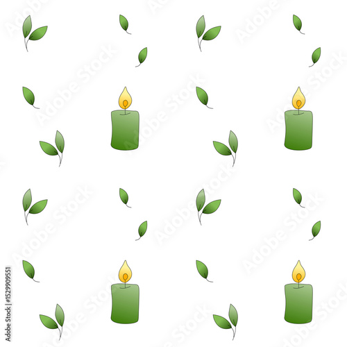 Seamless pattern with green candles and soft leaves on a white background. Ideal for spa, wellness, aromatherapy, and calm lifestyle-themed designs.