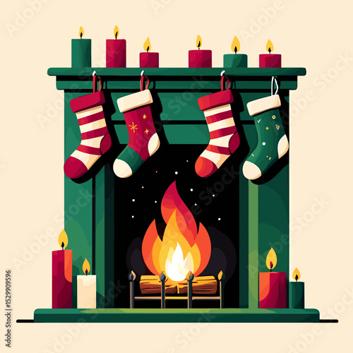 Christmas fireplace with colorful stockings and candles glowing  