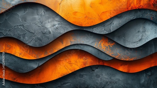 An abstract depiction featuring dynamic waves of orange and gray textures, blending smooth and rough elements that evoke a feeling of movement and artistic creativity.
